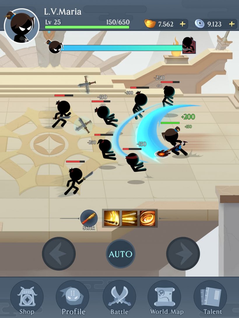 Idle Stickman游戏截图，展示一名武术家攻击大量敌人