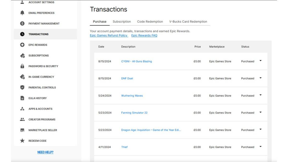 Epic Games transactions page showing purchase history.