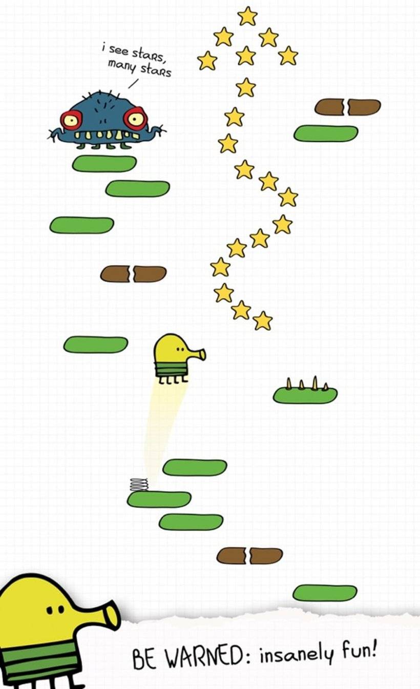 ภาพหน้าจอของ Doodle กระโดดลงไปในขณะที่ Doodle กระโดดผ่านมนุษย์ต่างดาว