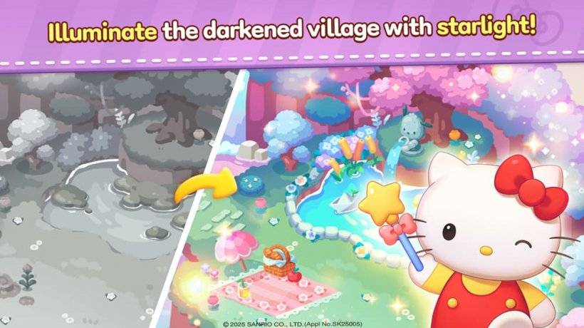 Фотография Hello Kitty размахивает волшебной палочкой по пейзажу, который восстанавливает цвет.