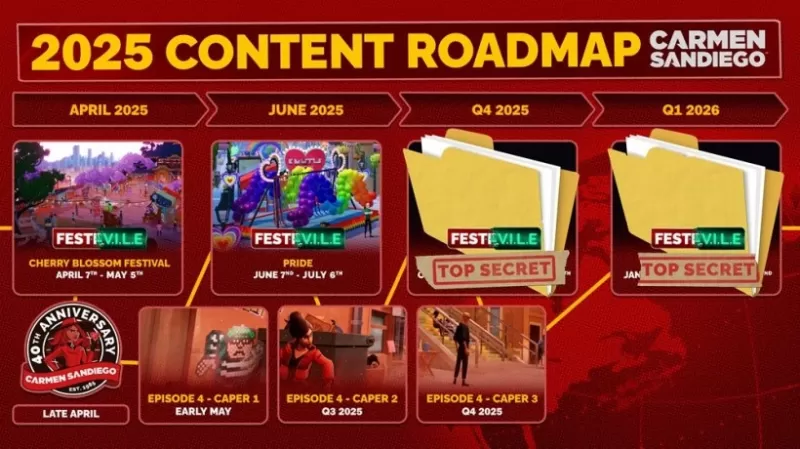 Gambar Roadmap Carmen Sandiego dengan pelbagai kes yang ditetapkan untuk tiba tidak lama lagi.