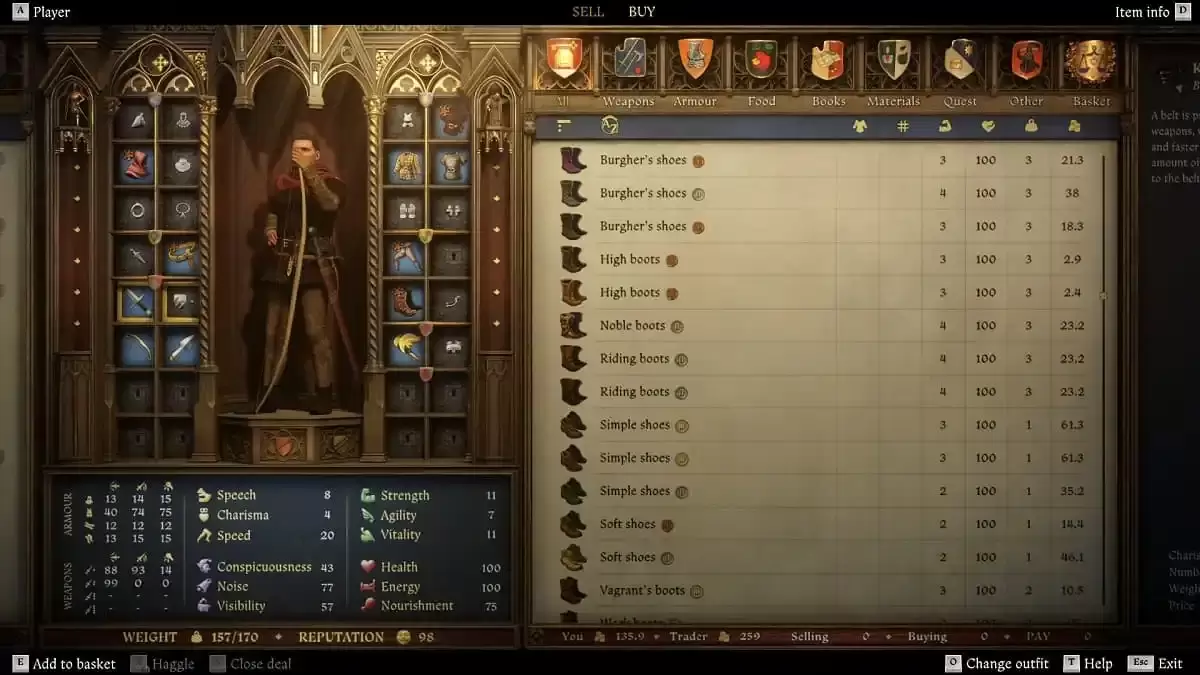 Merchant selling footwear options in Kingdom Come Deliverance 2