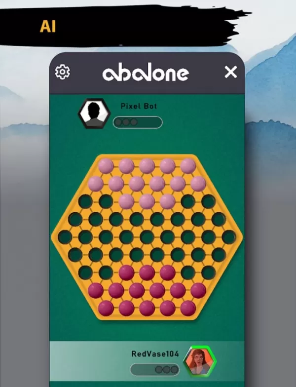 Isang screenshot ng isang abalone na laro sa pag -unlad, na may isang hexagonal board at puti kumpara sa itim na marmol