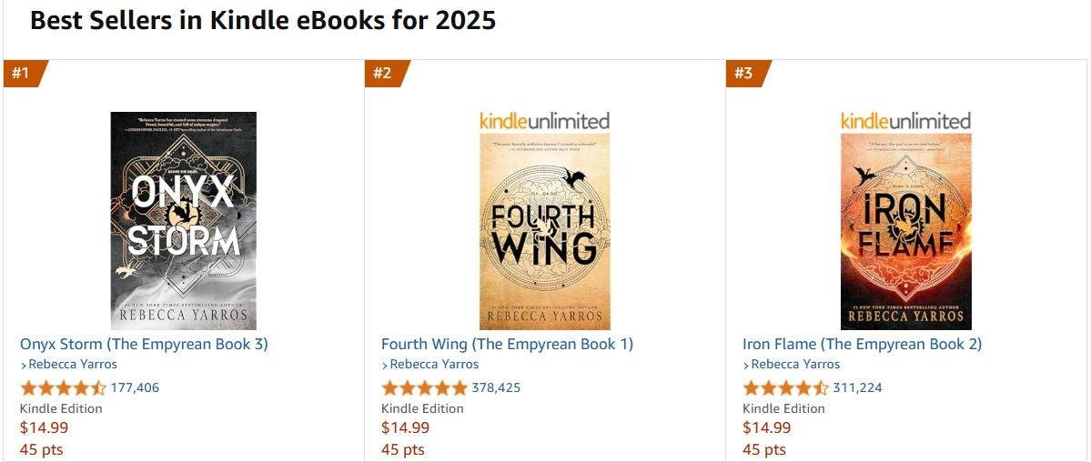 Fourth Wing Books Top Amazon's Kindle Best Sellers in 2025