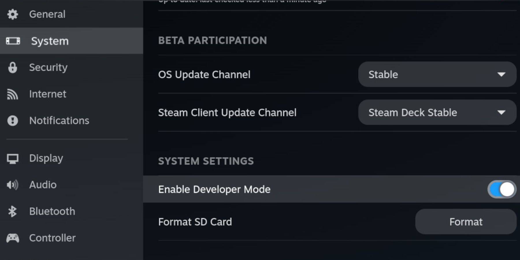 Steam Deck 개발자 메뉴